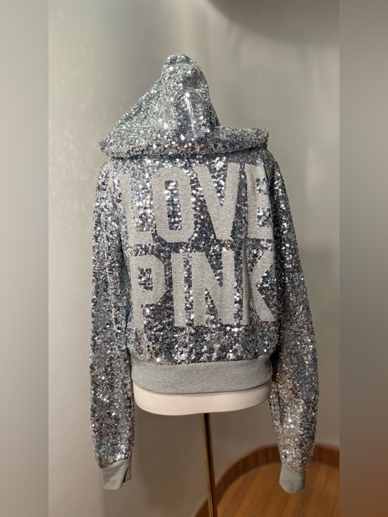 PINK Victoria's Secret Tops - PINK VINTAGE RARE Victoria's Secret Silver Sequin Hoodie Jacket LOVE PINK Size M